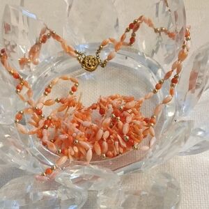 Delicate Coral Seed Bead Necklace, With Gold Plated Beads, 30 Inches